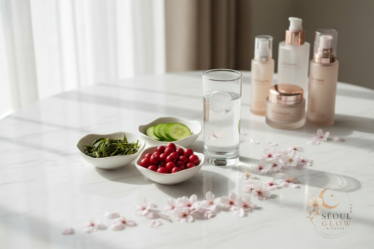 Flat lay K-Beauty élégant avec thé vert, fruits rouges, concombre et orchidées blanches sur marbre – Alimentation et peau éclatante – Séoul Glow Rituals