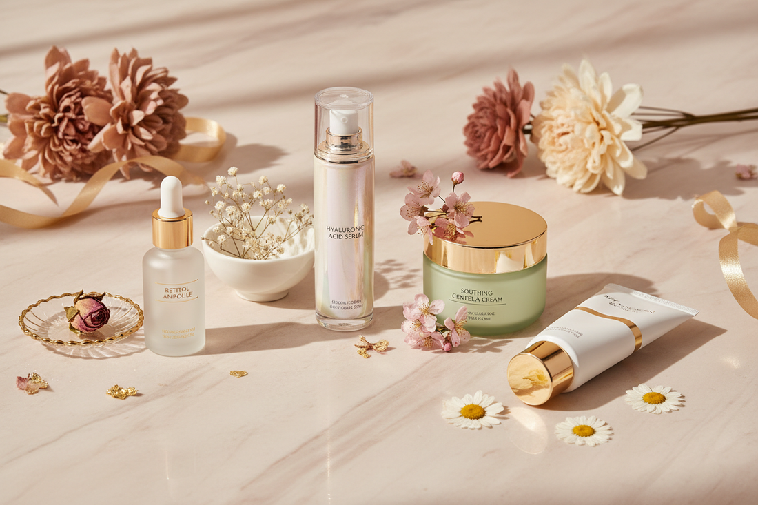 Soins coréens K-Beauty adaptés aux changements hormonaux – rétinol, acide hyaluronique, Centella et SPF sélectionnés par Séoul Glow Rituals