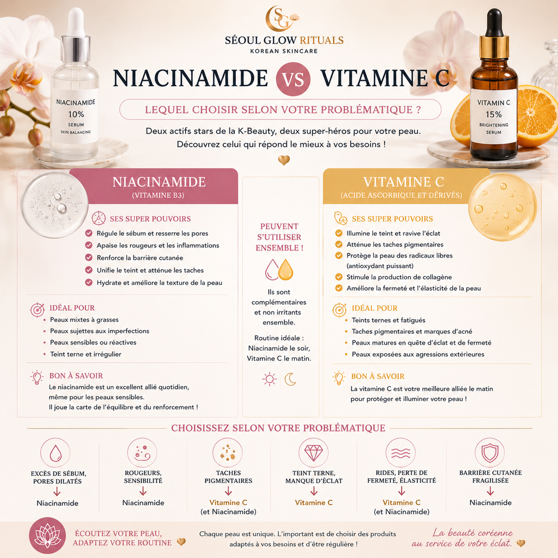 blog au sujet de la niacinamide vs vitamine c afin de savoir quel actif choisir selon sa problematique par seoul glow rituals medicube anua beauty of joseon skin 1004