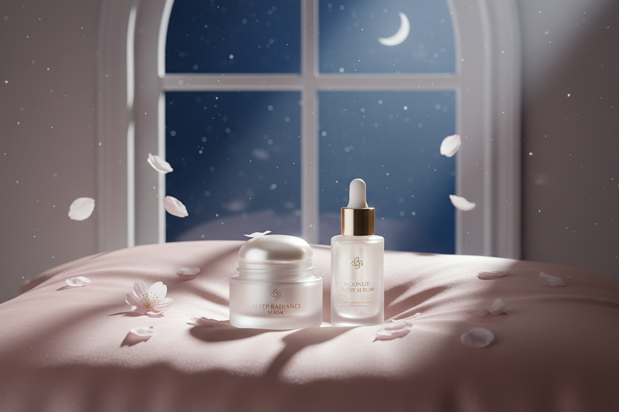Routine K-Beauty nuit – sleeping mask, sérum et soins coréens sur taie d'oreiller en soie pour une peau lumineuse pendant le sommeil – Seoul Glow Rituals