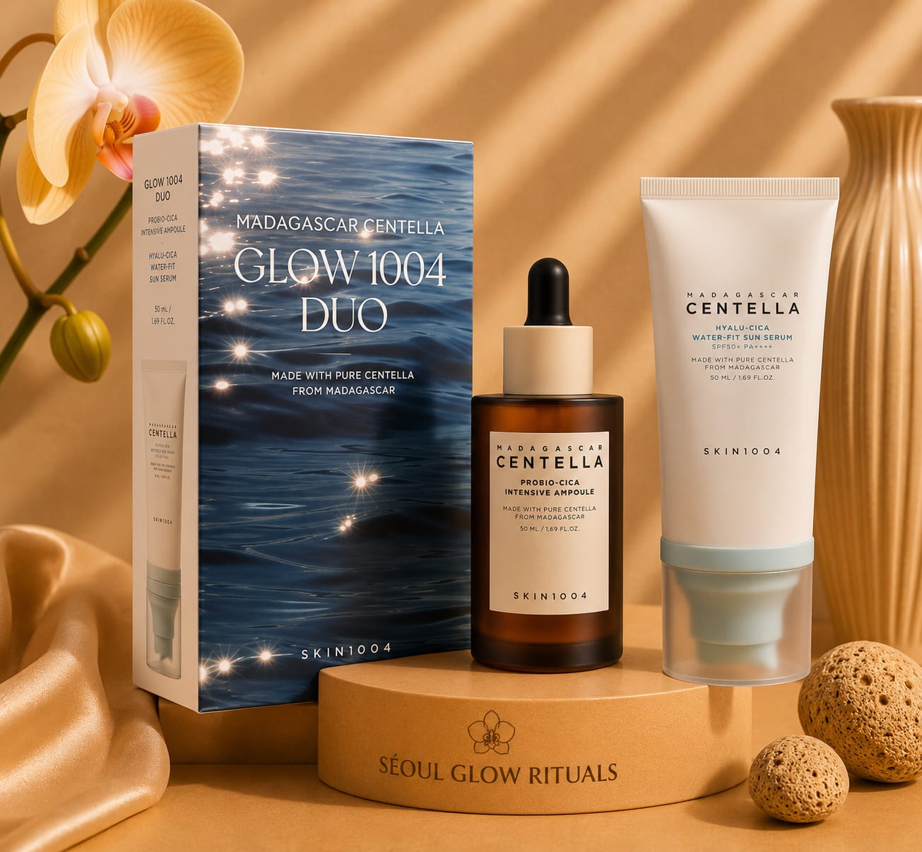 skin1004 Madagascar Centella Glow 1004 Duo – Sérum solaire et ampoule Centella Asiatica K-Beauty pour peau lumineuse et apaisée – Seoul Glow Rituals
