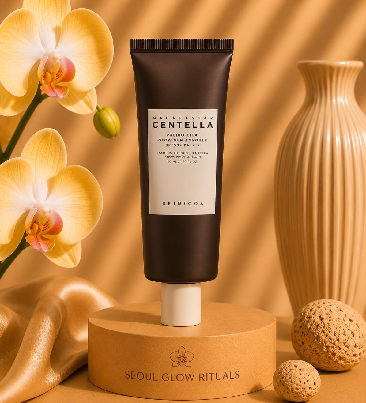 skin1004 Madagascar Centella Probio-Cica Glow Sun Ampoule SPF50+ PA++++ 50ml – Sérum solaire K-Beauty à la Centella Asiatica et probiotiques pour peau lumineuse et protégée – Seoul Glow Rituals