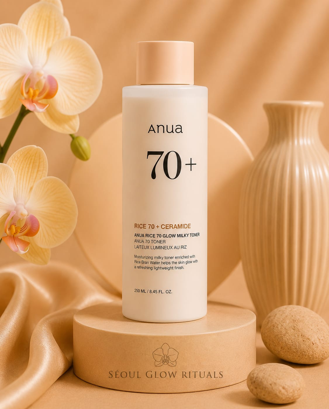 Anua Rice 70+ Ceramide Glow Milky Toner 250ml – Toner laiteux K-beauty au riz et céramide pour un teint lumineux – Seoul Glow Rituals